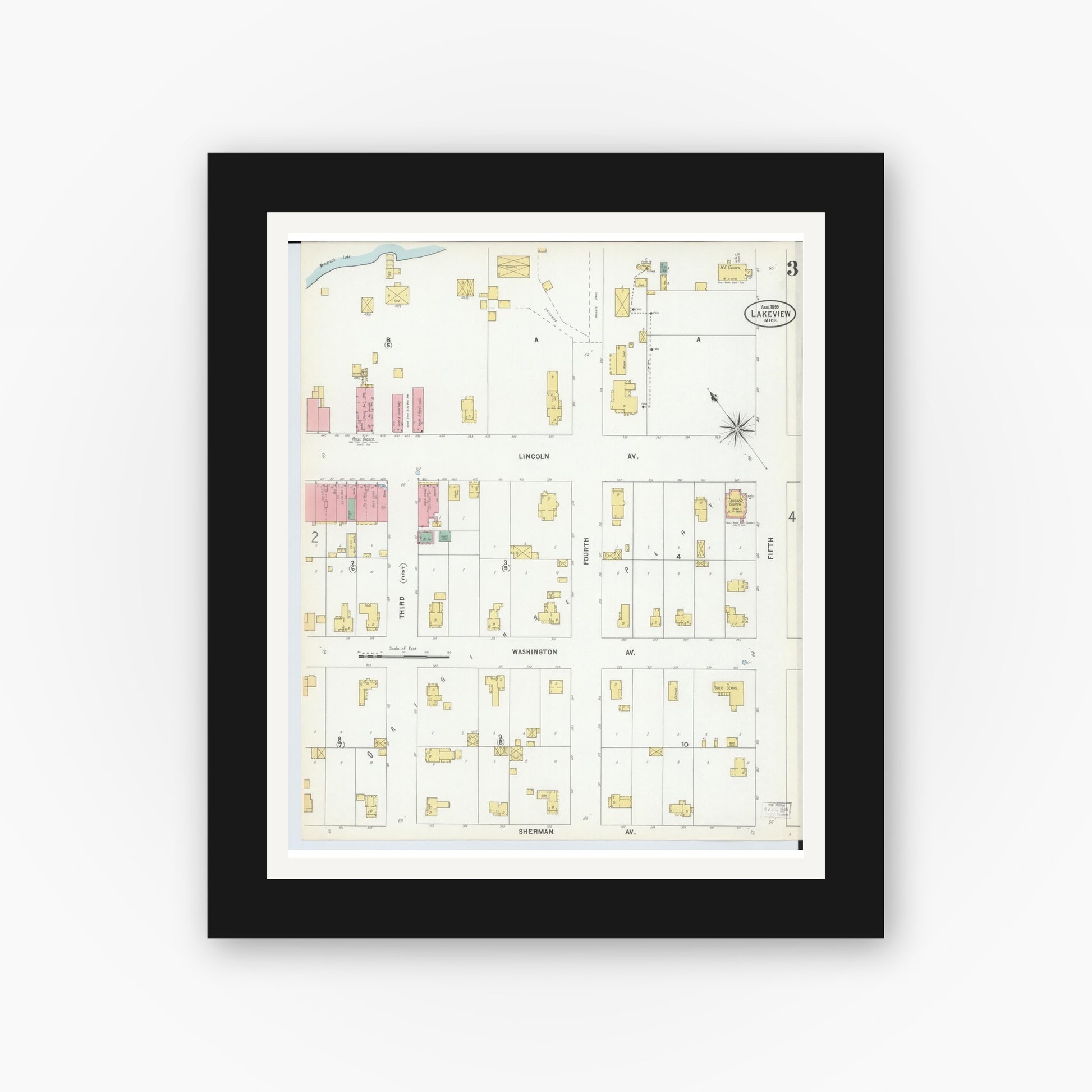 Old map wall art mockup — black gallery frame with white mat — Sanborn Fire Insurance Map from Lakeview, Montcalm County, Michigan (1899), Sheet #0003