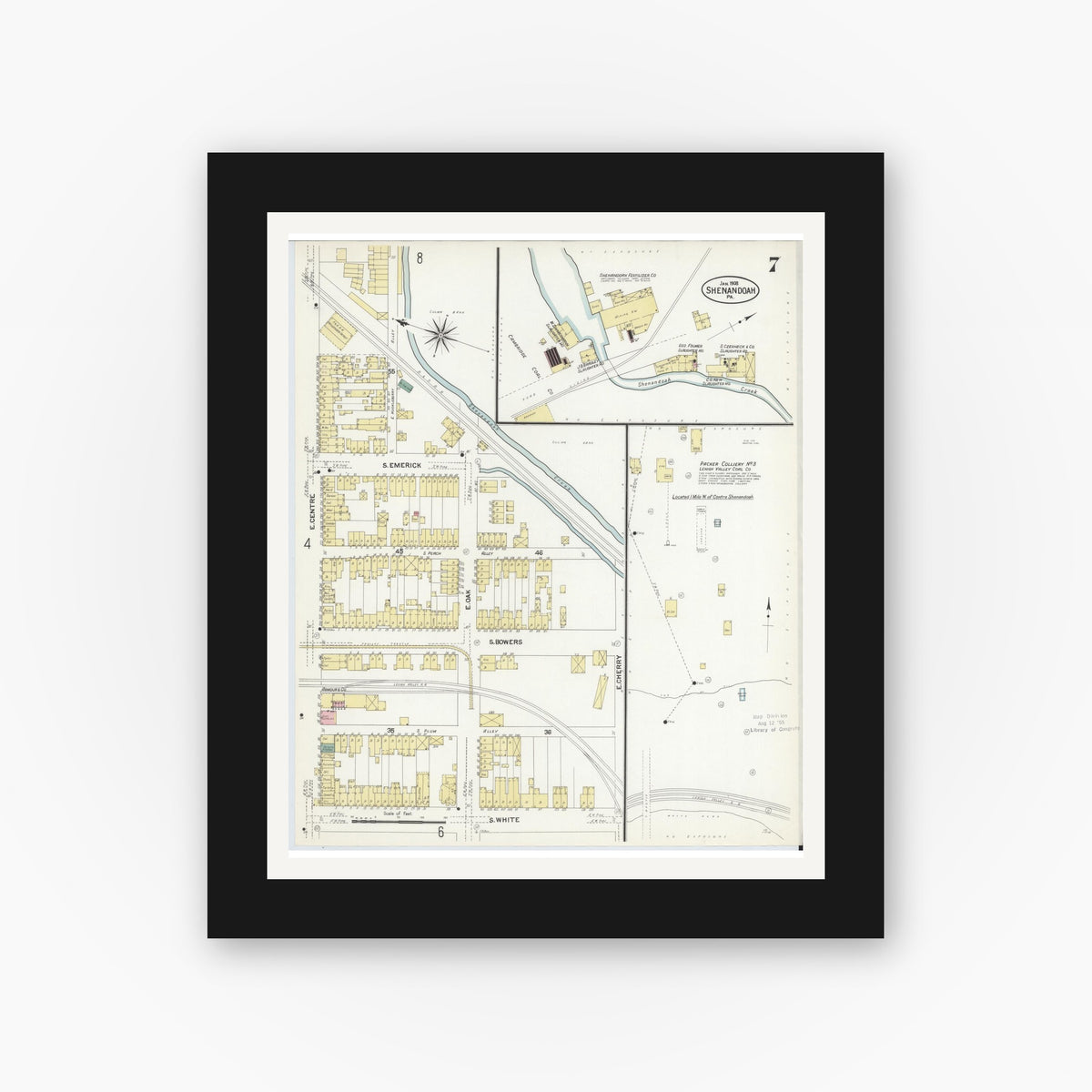 Old map wall art mockup — black gallery frame with white mat — Sanborn Fire Insurance Map from Shenandoah, Schuylkill County, Pennsylvania (1908), Sheet #0007