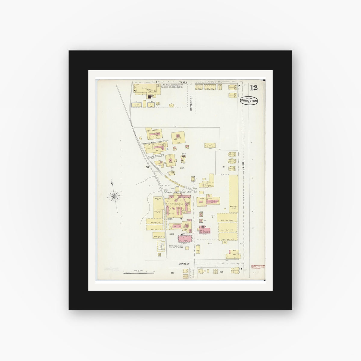 Old map wall art mockup — black gallery frame with white mat — Sanborn Fire Insurance Map from Bridgeton, Cumberland County, New Jersey (1896), Sheet #0012