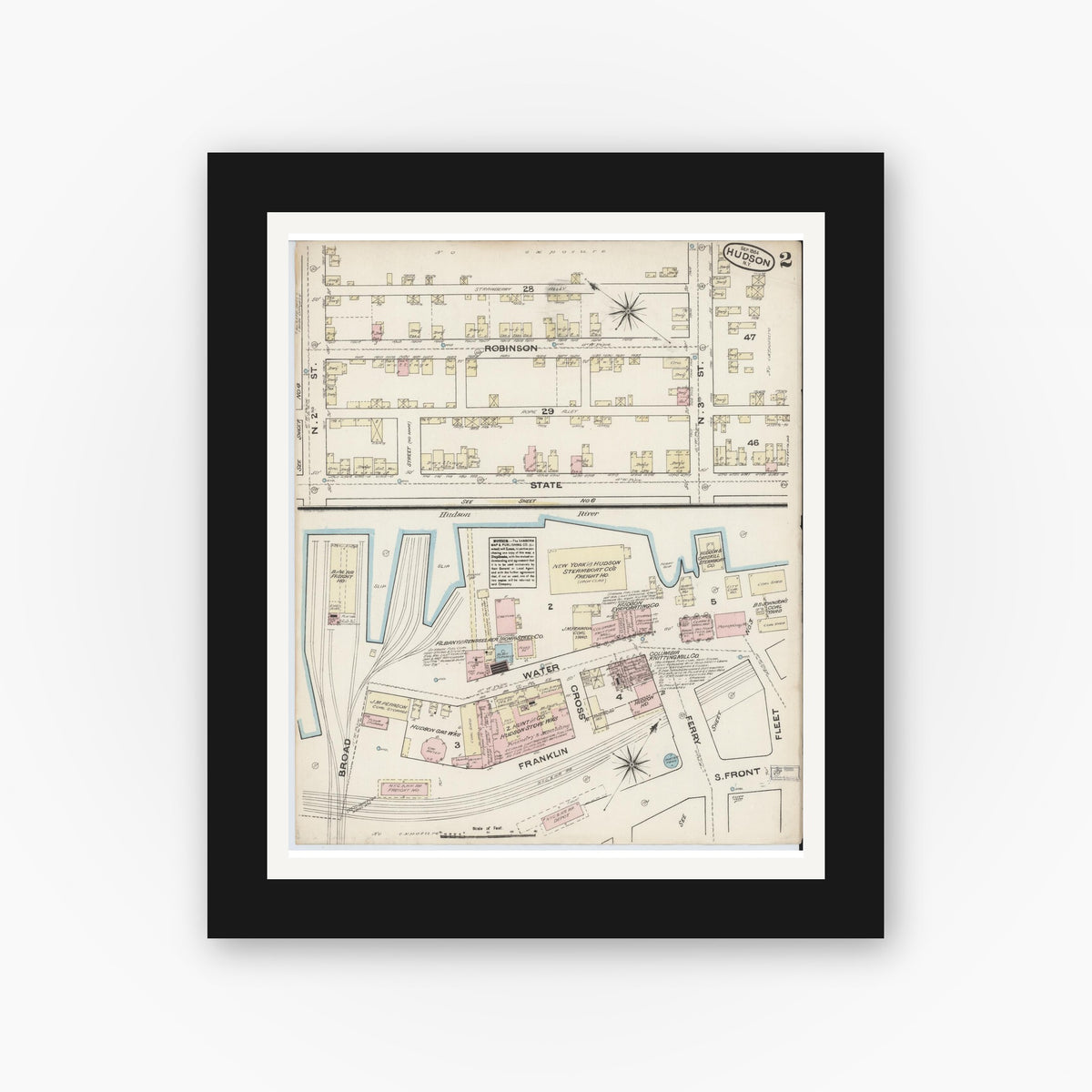 Old map wall art mockup — black gallery frame with white mat — Sanborn Fire Insurance Map from Hudson, Columbia County, New York (1884) - Complete Map Set