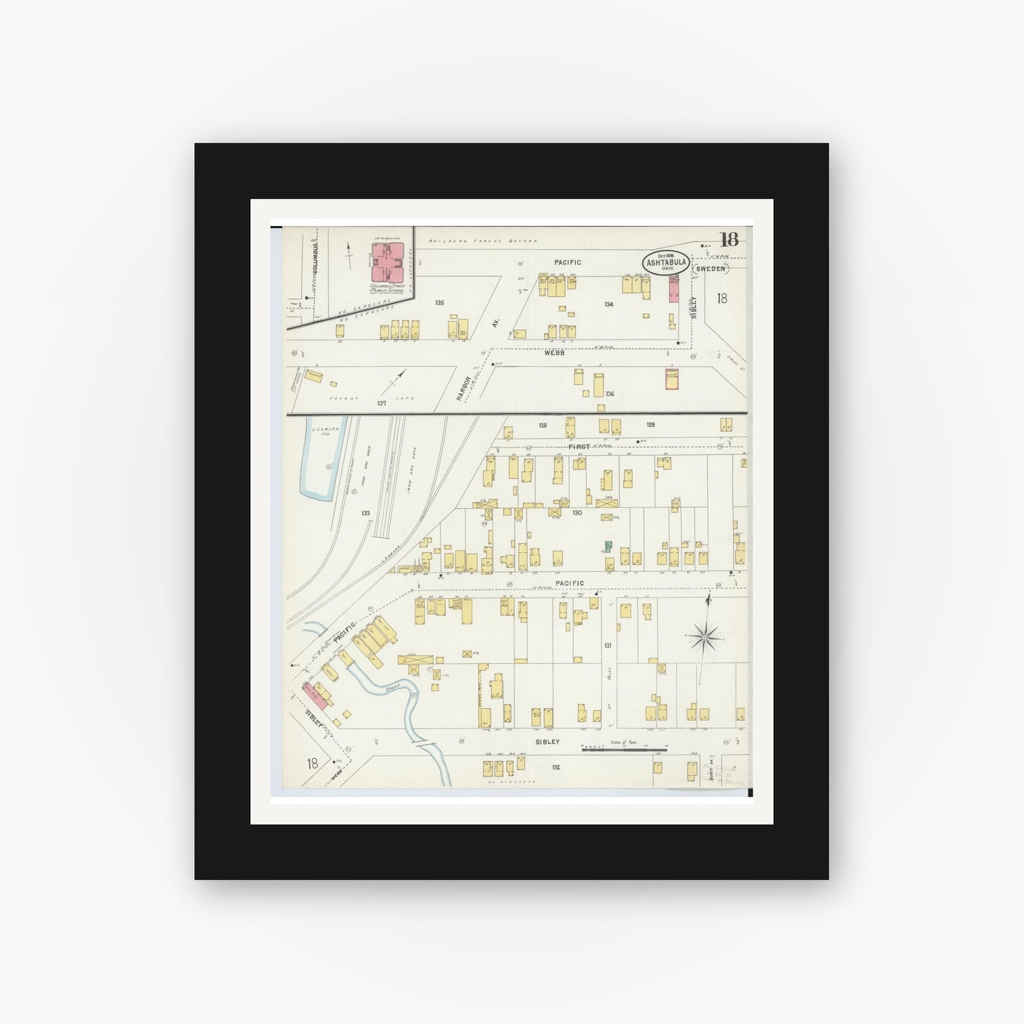 Old map wall art mockup — black gallery frame with white mat — Sanborn Fire Insurance Map from Ashtabula, Ashtabula County, Ohio (1898), Sheet #0018