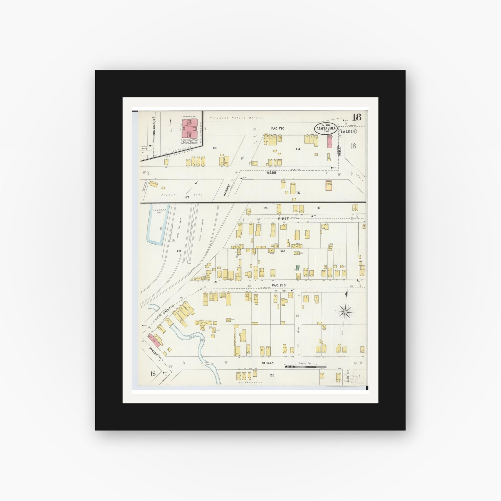 Old map wall art mockup — black gallery frame with white mat — Sanborn Fire Insurance Map from Ashtabula, Ashtabula County, Ohio (1898), Sheet #0018