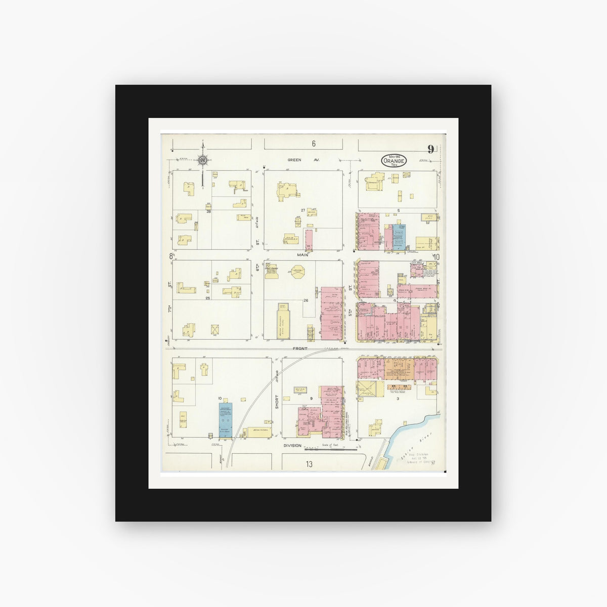 Old map wall art mockup — black gallery frame with white mat — Sanborn Fire Insurance Map from Orange, Orange County, Texas (1914), Sheet #0009
