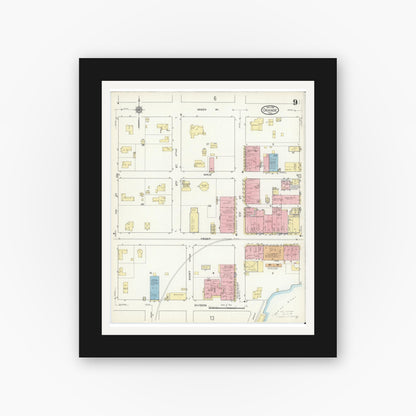 Old map wall art mockup — black gallery frame with white mat — Sanborn Fire Insurance Map from Orange, Orange County, Texas (1914), Sheet #0009
