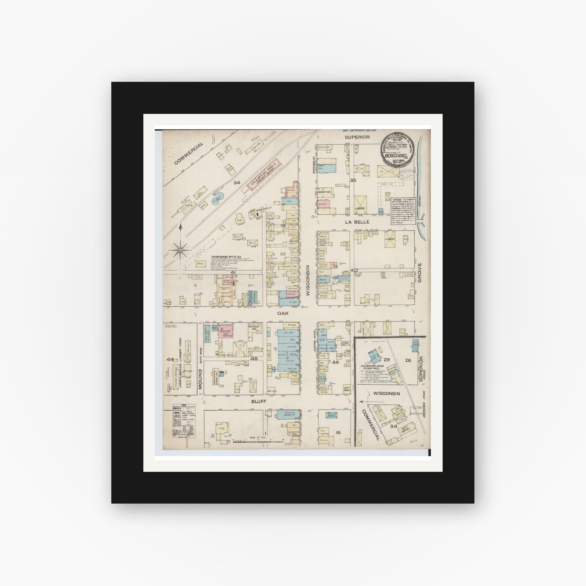 Old map wall art mockup — black gallery frame with white mat — Sanborn Fire Insurance Map from Boscobel, Grant County, Wisconsin (1884), Sheet #0001