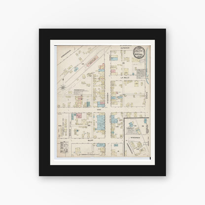 Old map wall art mockup — black gallery frame with white mat — Sanborn Fire Insurance Map from Boscobel, Grant County, Wisconsin (1884), Sheet #0001
