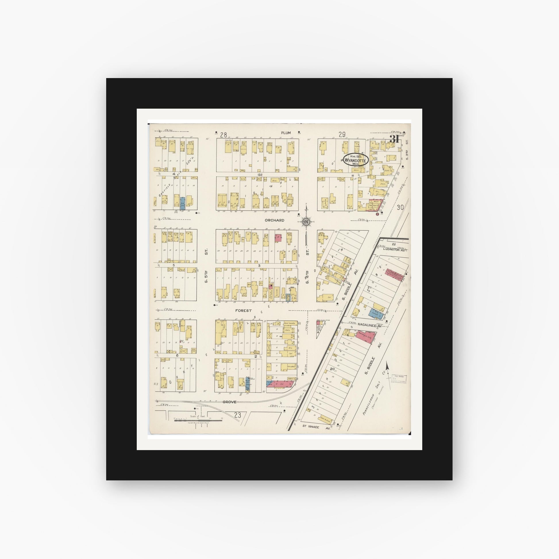 Old map wall art mockup — black gallery frame with white mat — Sanborn Fire Insurance Map from Wyandotte, Wayne County, Michigan (1922), Sheet #0031