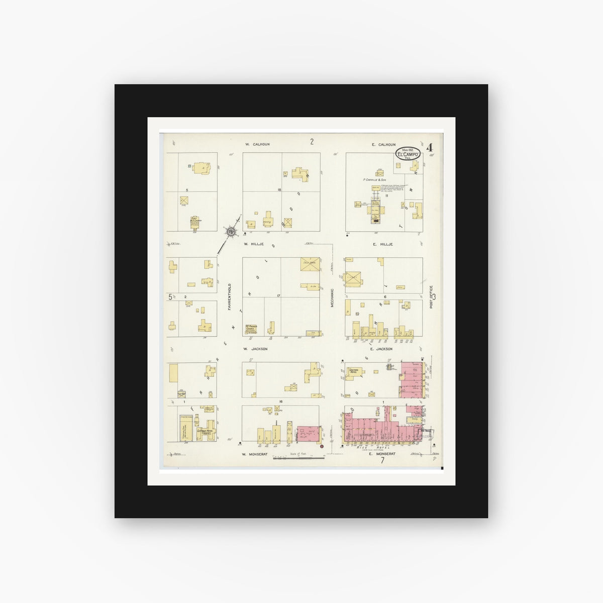 Old map wall art mockup — black gallery frame with white mat — Sanborn Fire Insurance Map from El Campo, Wharton County, Texas (1912), Sheet #0004