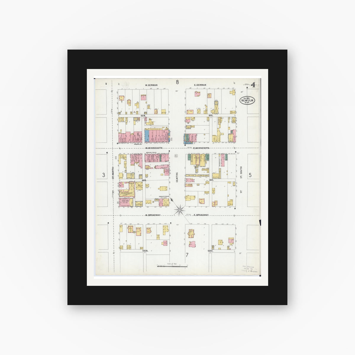 Old map wall art mockup — black gallery frame with white mat — Sanborn Fire Insurance Map from New Ulm, Brown County, Minnesota (1899), Sheet #0004