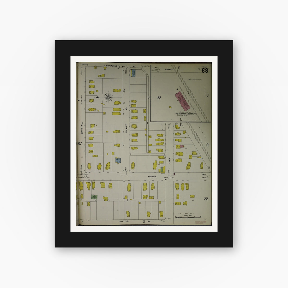 Old map wall art mockup — black gallery frame with white mat — Sanborn Fire Insurance Map from Jackson, Jackson County, Michigan (1907), Sheet #0088