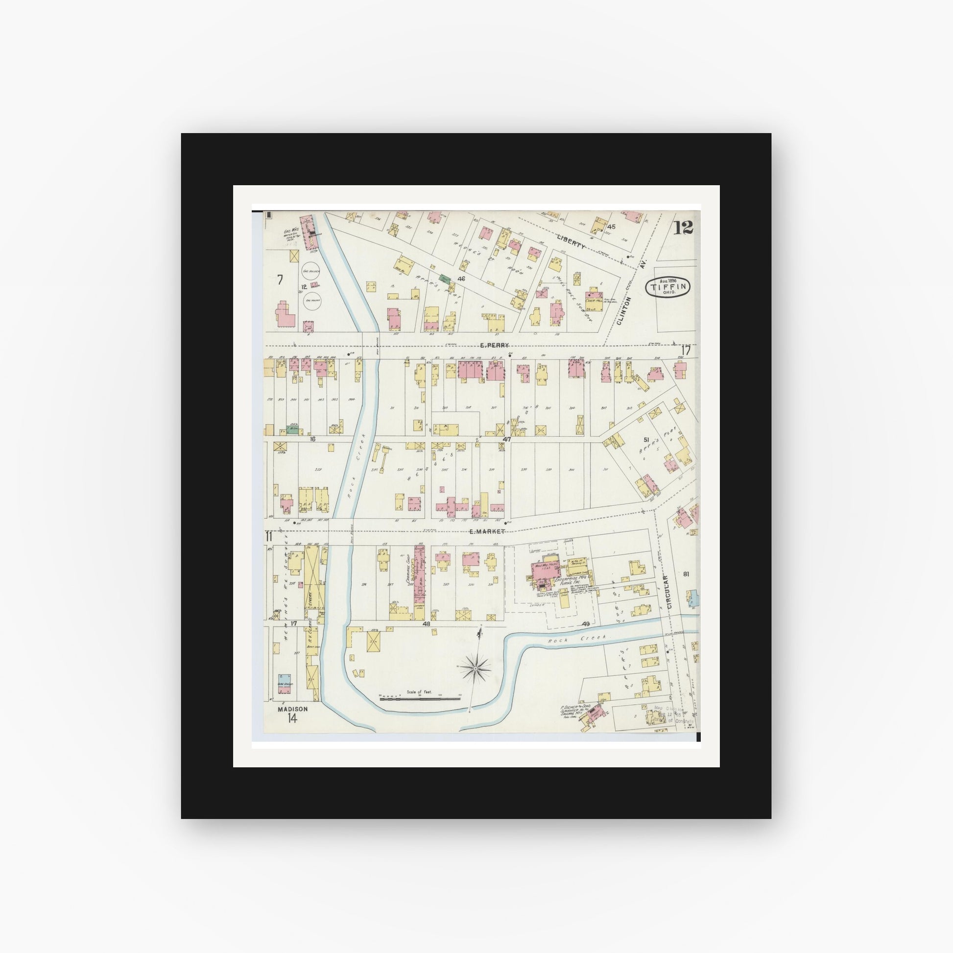 Old map wall art mockup — black gallery frame with white mat — Sanborn Fire Insurance Map from Tiffin, Seneca County, Ohio (1896), Sheet #0012