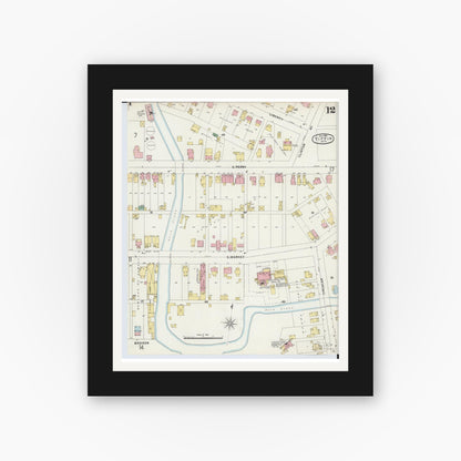 Old map wall art mockup — black gallery frame with white mat — Sanborn Fire Insurance Map from Tiffin, Seneca County, Ohio (1896), Sheet #0012