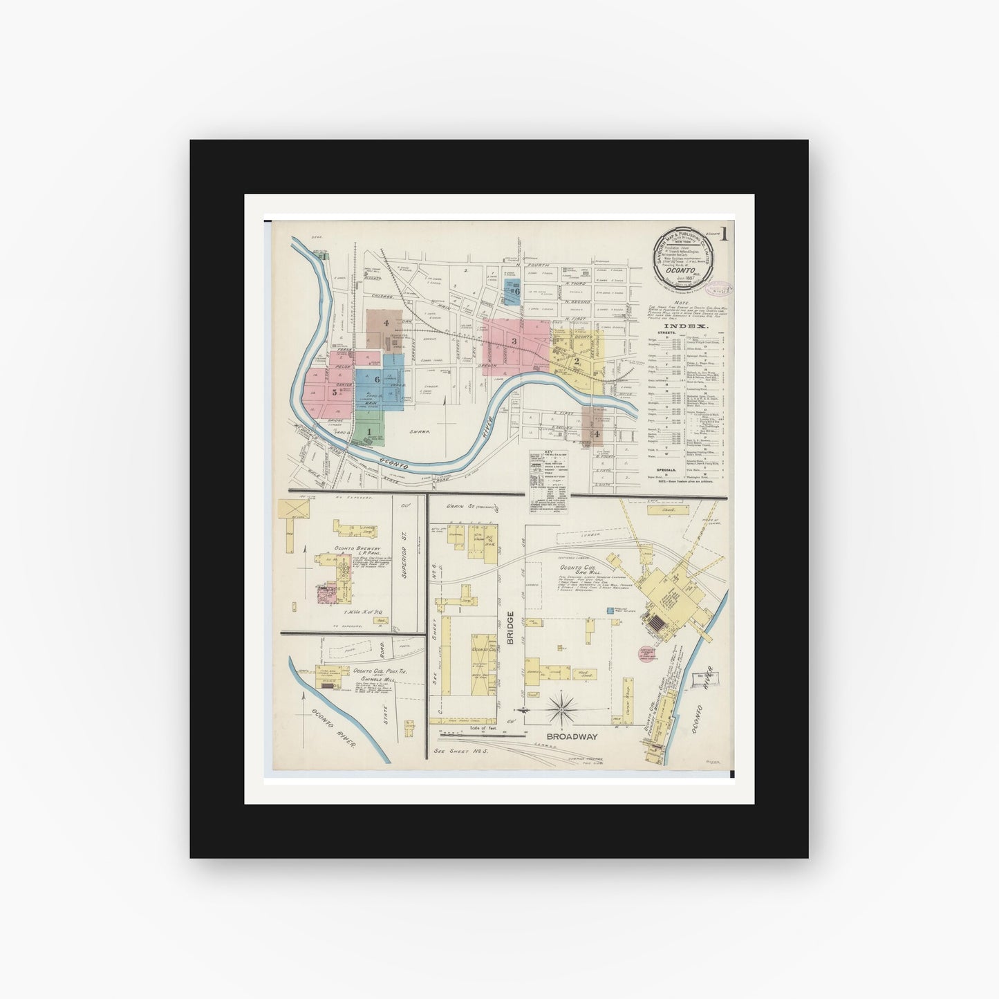 Old map wall art mockup — black gallery frame with white mat — Sanborn Fire Insurance Map from Oconto, Oconto County, Wisconsin (1887), Sheet #0001