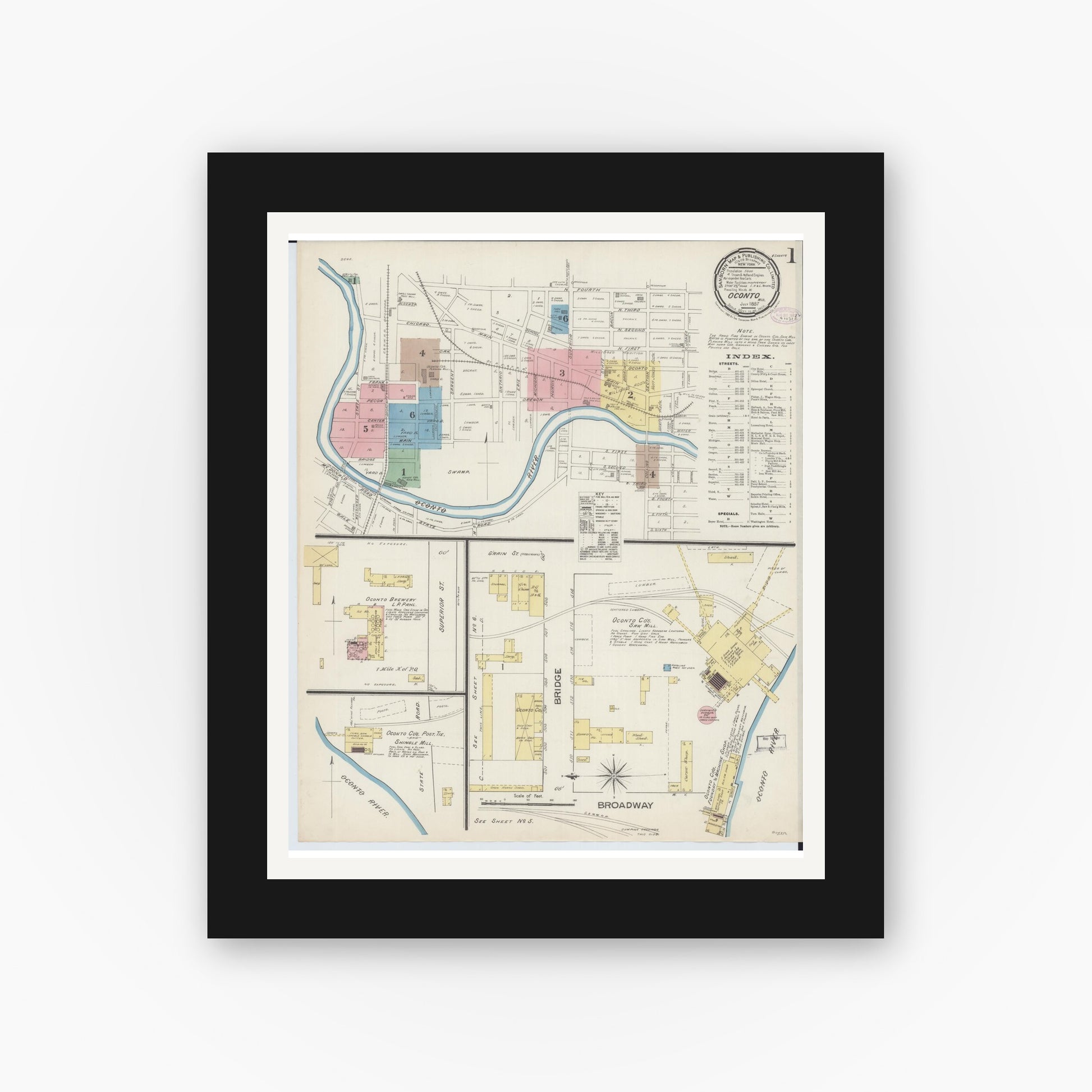 Old map wall art mockup — black gallery frame with white mat — Sanborn Fire Insurance Map from Oconto, Oconto County, Wisconsin (1887), Sheet #0001