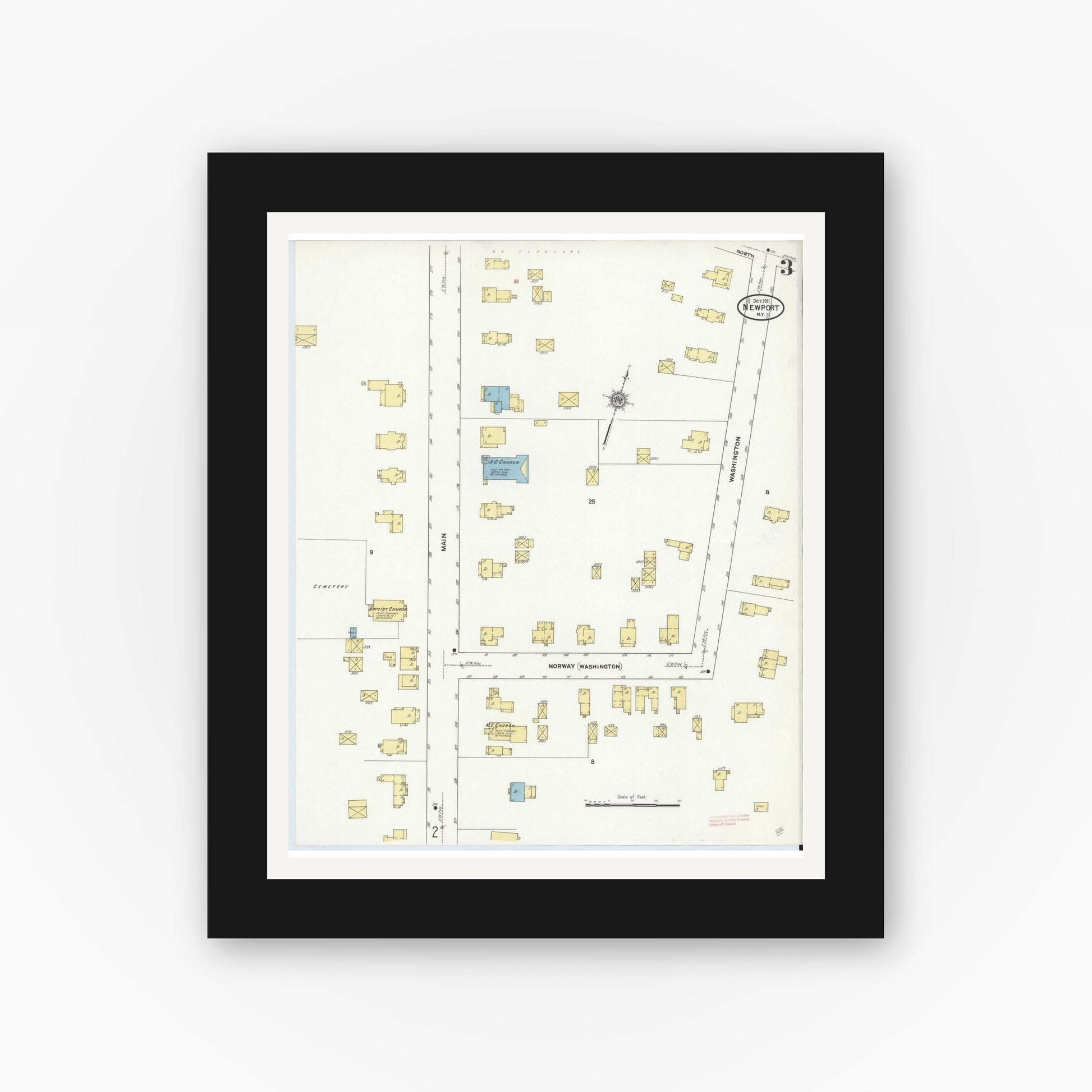 Old map wall art mockup — black gallery frame with white mat — Sanborn Fire Insurance Map from Newport, Herkimer County, New York (1911), Sheet #0003