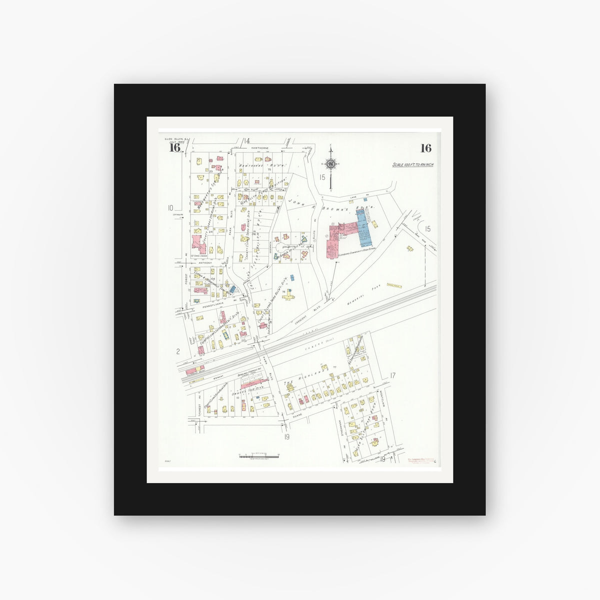 Old map wall art mockup — black gallery frame with white mat — Sanborn Fire Insurance Map from Glen Ellyn, Du Page County, Illinois (1940), Sheet #0016