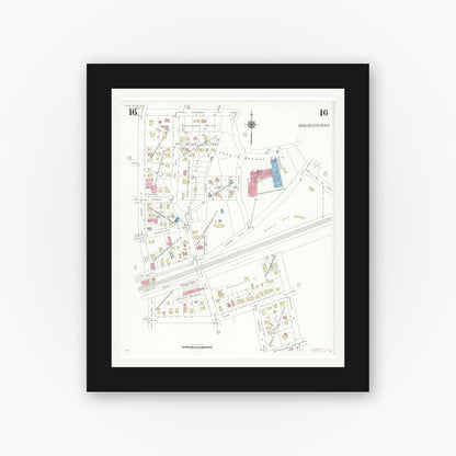 Old map wall art mockup — black gallery frame with white mat — Sanborn Fire Insurance Map from Glen Ellyn, Du Page County, Illinois (1940), Sheet #0016