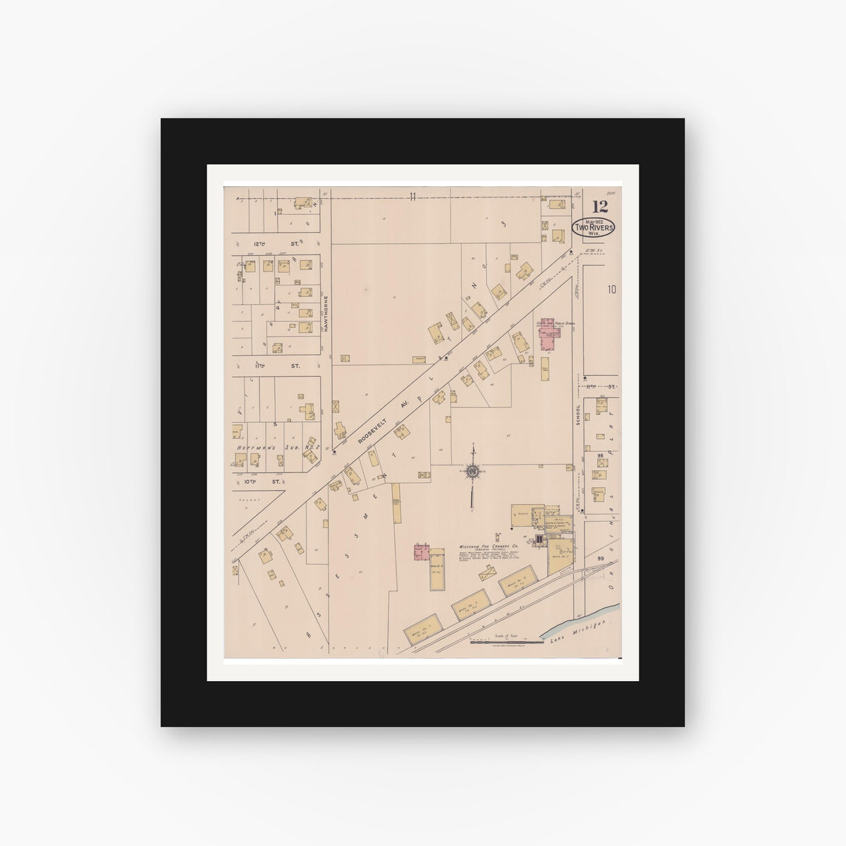 Old map wall art mockup — black gallery frame with white mat — Sanborn Fire Insurance Map from Two Rivers, Manitowoc County, Wisconsin (1922), Sheet #0012