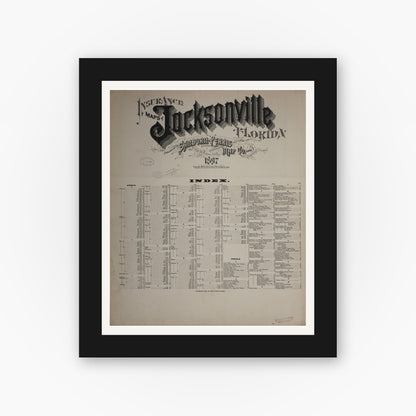 Old map wall art mockup — black gallery frame with white mat — Sanborn Fire Insurance Map from Jacksonville, Duval County, Florida (1897), Sheet #0001