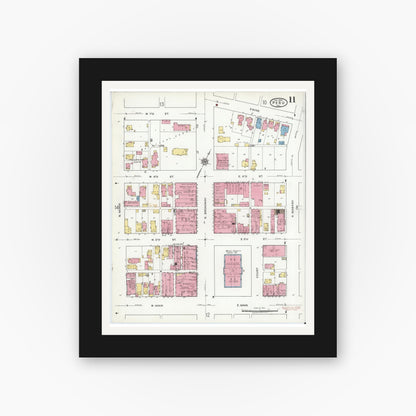 Old map wall art mockup — black gallery frame with white mat — Sanborn Fire Insurance Map from Peru, Miami County, Indiana (1920), Sheet #0011