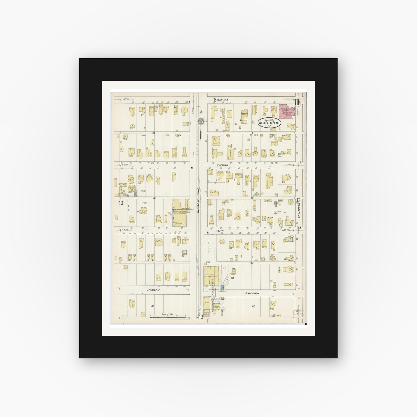 Old map wall art mockup — black gallery frame with white mat — Sanborn Fire Insurance Map from West Palm Beach, Dade County, Florida (1915), Sheet #0011