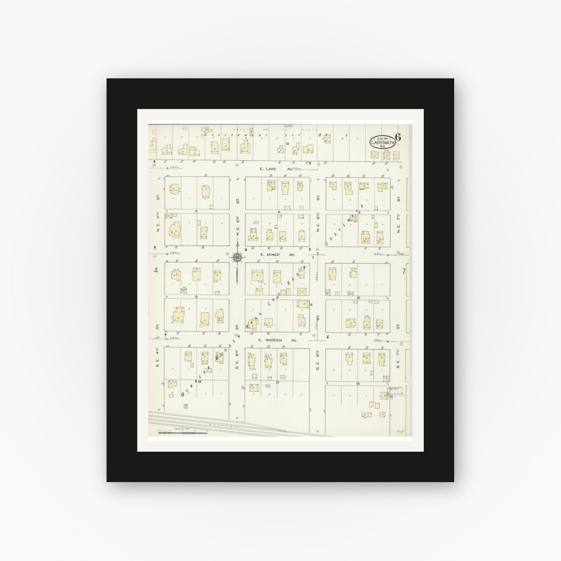 Old map wall art mockup — black gallery frame with white mat — Sanborn Fire Insurance Map from Ladysmith, Rusk County, Wisconsin (1914), Sheet #0006
