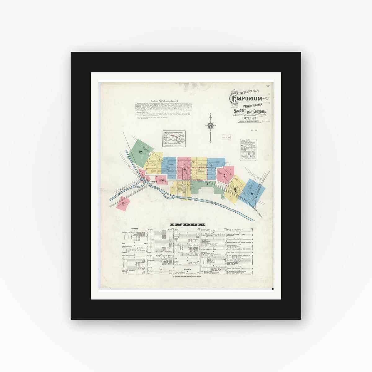 Old map wall art mockup — black gallery frame with white mat — Sanborn Fire Insurance Map from Emporium, Cameron County, Pennsylvania (1915) - Complete Map Set