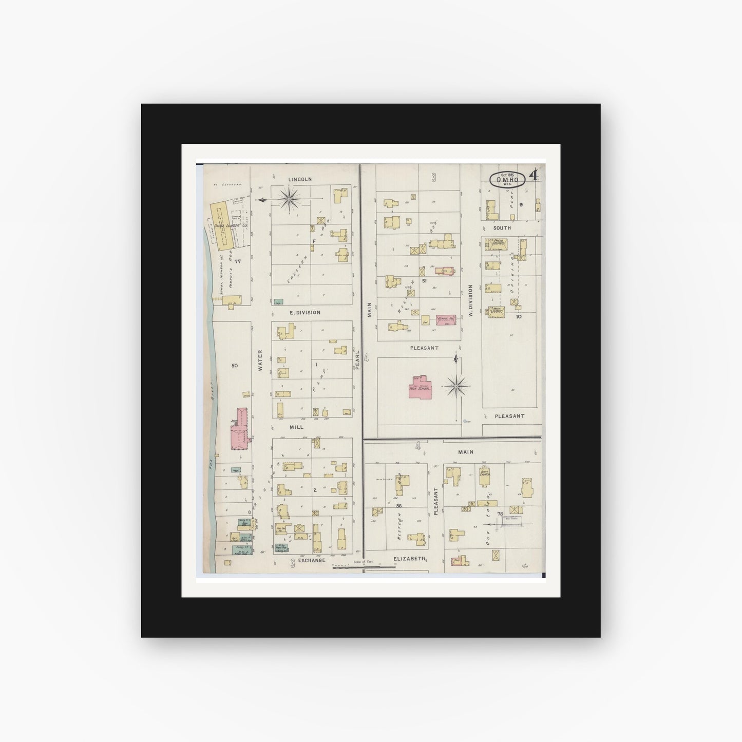 Old map wall art mockup — black gallery frame with white mat — Sanborn Fire Insurance Map from Omro, Winnebago County, Wisconsin (1895), Sheet #0004