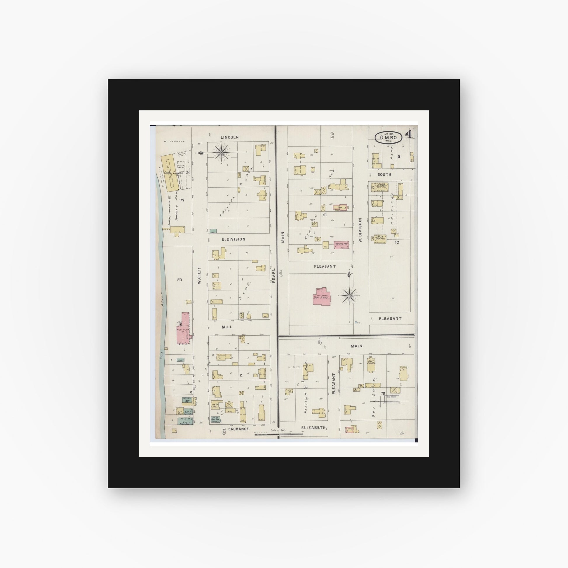 Old map wall art mockup — black gallery frame with white mat — Sanborn Fire Insurance Map from Omro, Winnebago County, Wisconsin (1895), Sheet #0004