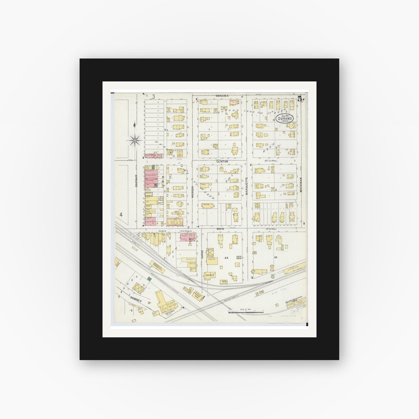 Old map wall art mockup — black gallery frame with white mat — Sanborn Fire Insurance Map from Durand, Shiawassee County, Michigan (1901), Sheet #0005