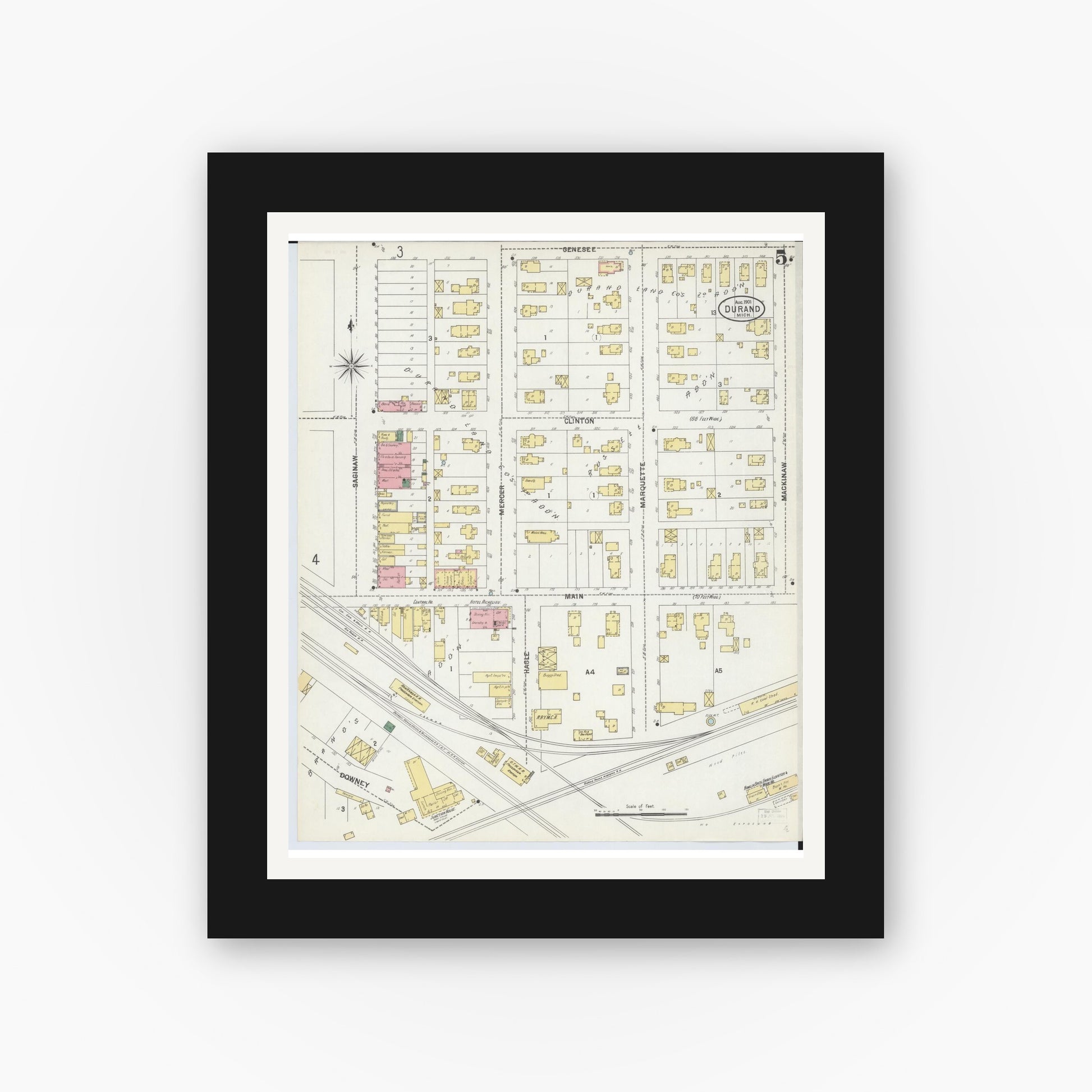 Old map wall art mockup — black gallery frame with white mat — Sanborn Fire Insurance Map from Durand, Shiawassee County, Michigan (1901), Sheet #0005
