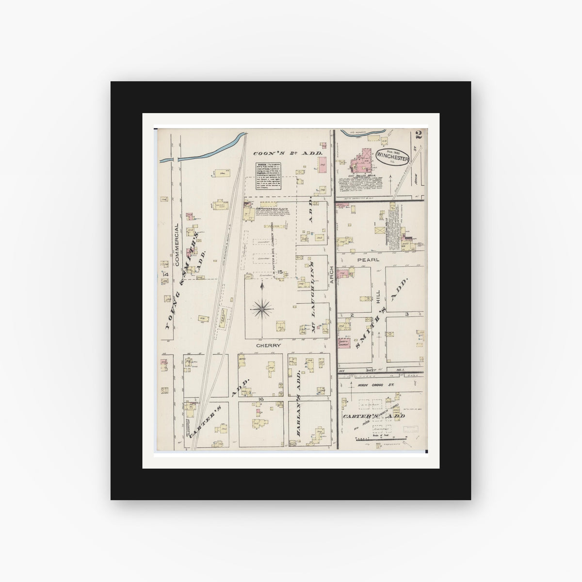 Old map wall art mockup — black gallery frame with white mat — Sanborn Fire Insurance Map from Winchester, Scott County, Illinois (1885), Sheet #0002