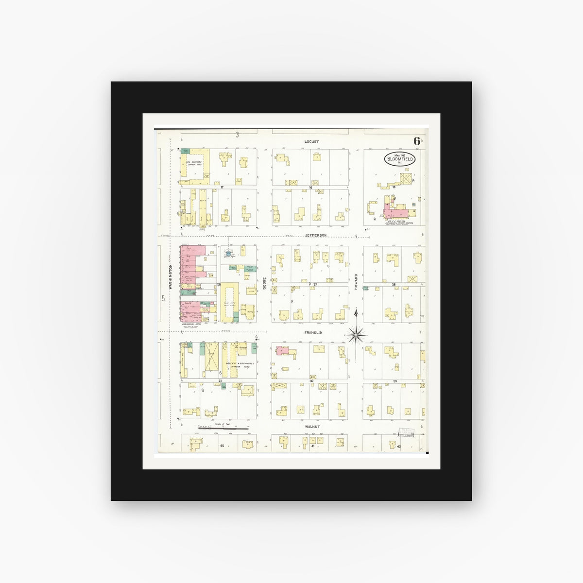 Old map wall art mockup — black gallery frame with white mat — Sanborn Fire Insurance Map from Bloomfield, Davis County, Iowa (1907), Sheet #0006