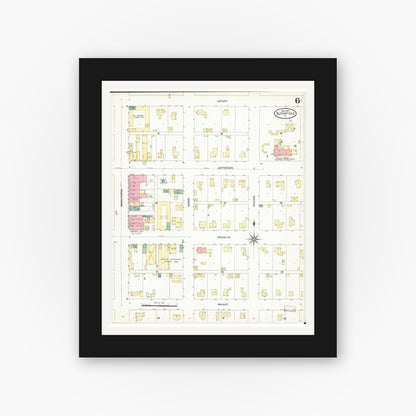 Old map wall art mockup — black gallery frame with white mat — Sanborn Fire Insurance Map from Bloomfield, Davis County, Iowa (1907), Sheet #0006