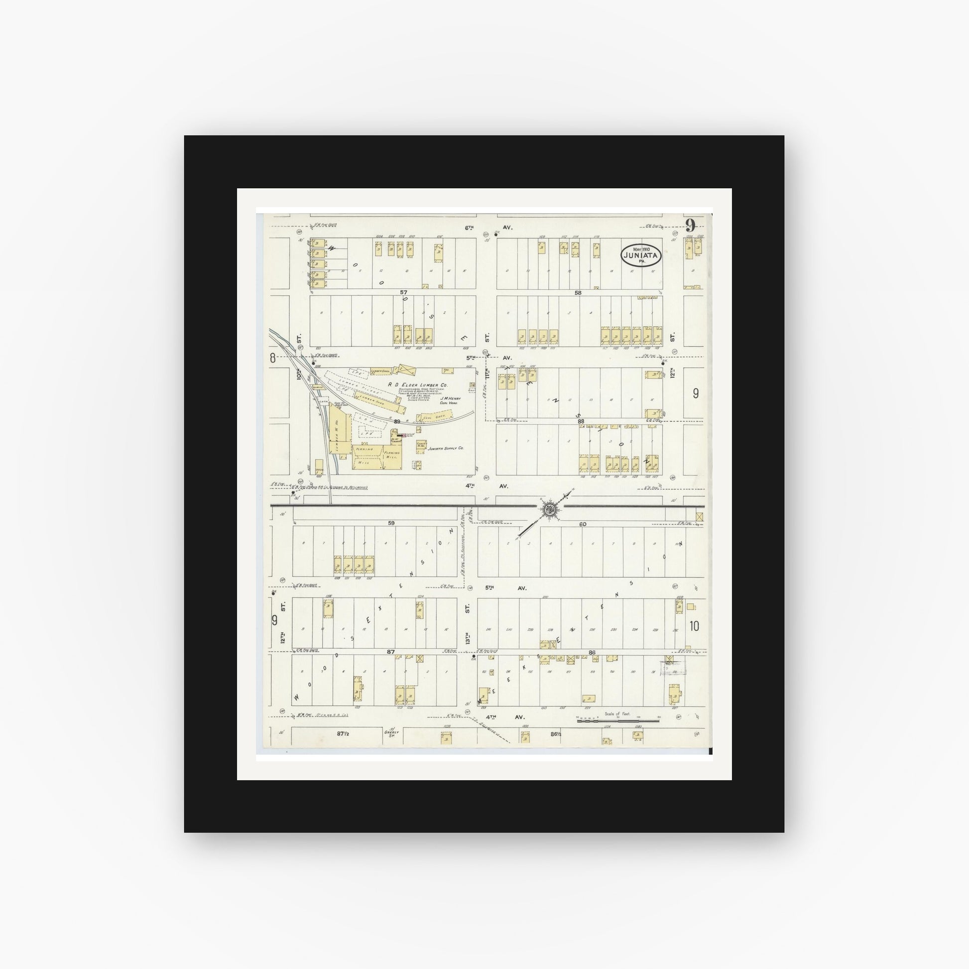 Old map wall art mockup — black gallery frame with white mat — Sanborn Fire Insurance Map from Juniata, Blair County, Pennsylvania (1910), Sheet #0009