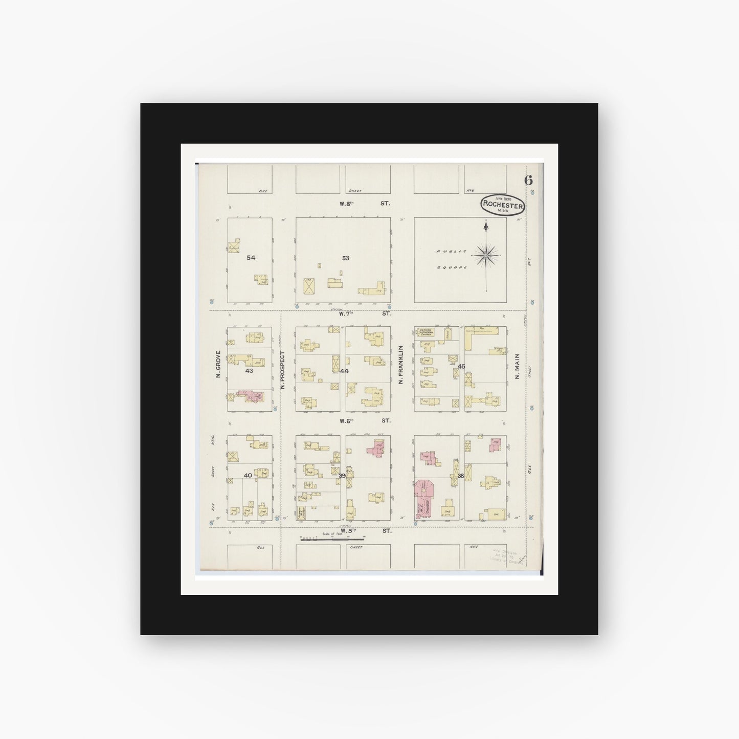 Old map wall art mockup — black gallery frame with white mat — Sanborn Fire Insurance Map from Rochester, Olmsted County, Minnesota (1890), Sheet #0006