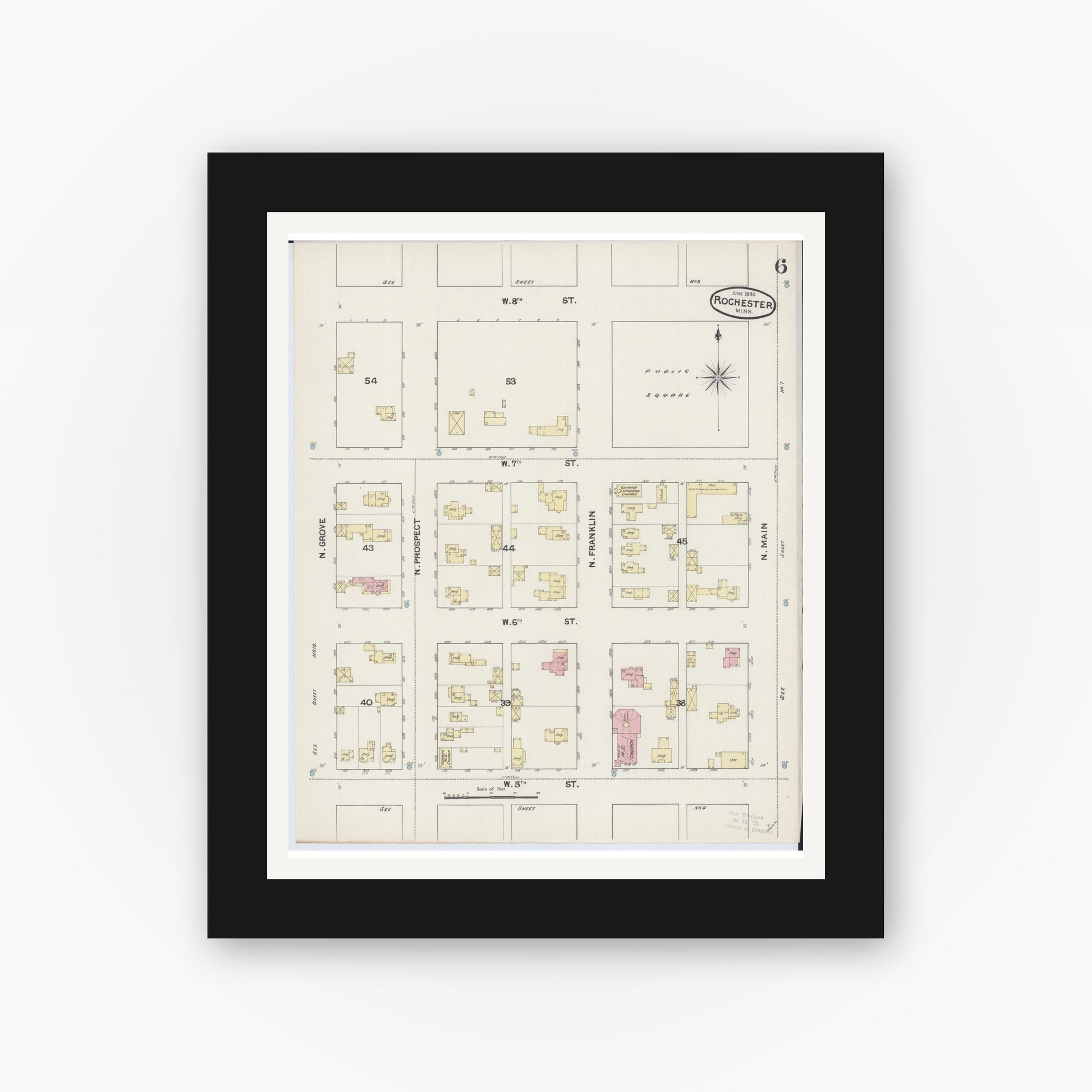 Old map wall art mockup — black gallery frame with white mat — Sanborn Fire Insurance Map from Rochester, Olmsted County, Minnesota (1890), Sheet #0006