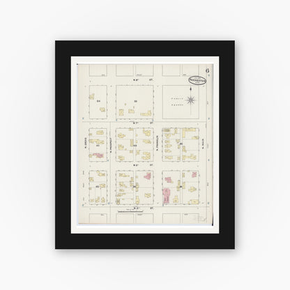 Old map wall art mockup — black gallery frame with white mat — Sanborn Fire Insurance Map from Rochester, Olmsted County, Minnesota (1890), Sheet #0006