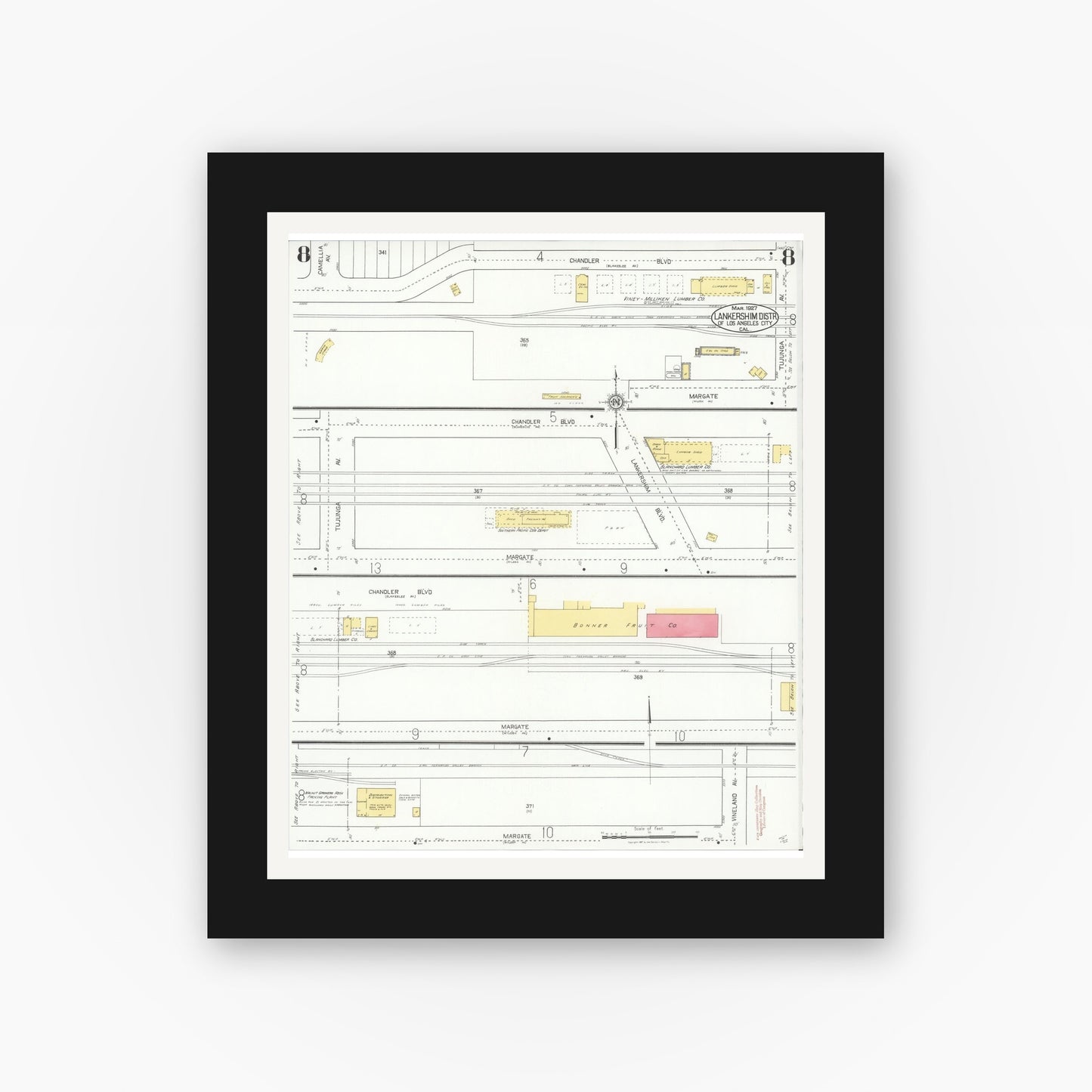 Old map wall art mockup — black gallery frame with white mat — Sanborn Fire Insurance Map from Lankershim, Los Angeles County, California (1927), Sheet #0008