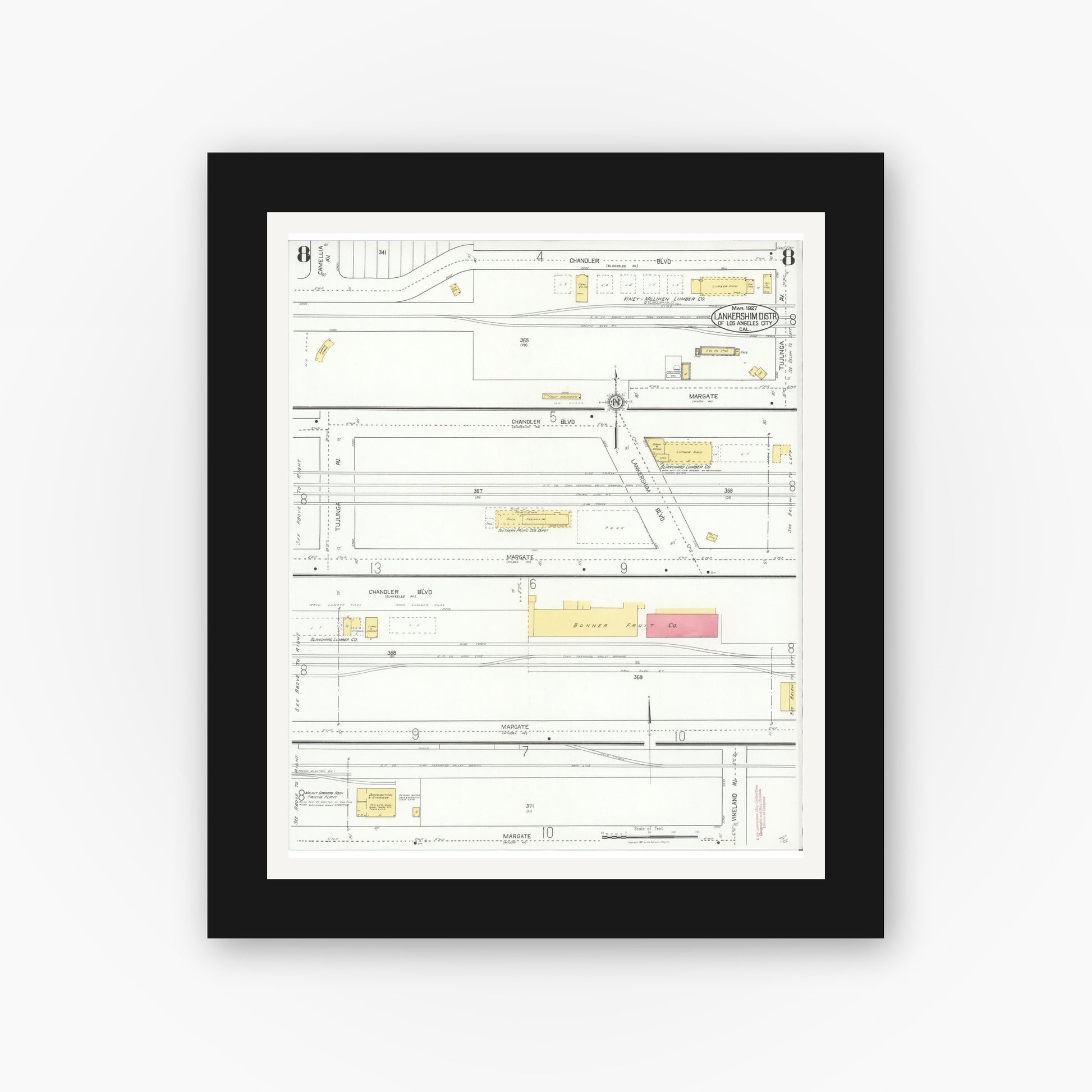 Old map wall art mockup — black gallery frame with white mat — Sanborn Fire Insurance Map from Lankershim, Los Angeles County, California (1927), Sheet #0008