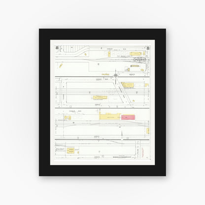 Old map wall art mockup — black gallery frame with white mat — Sanborn Fire Insurance Map from Lankershim, Los Angeles County, California (1927), Sheet #0008