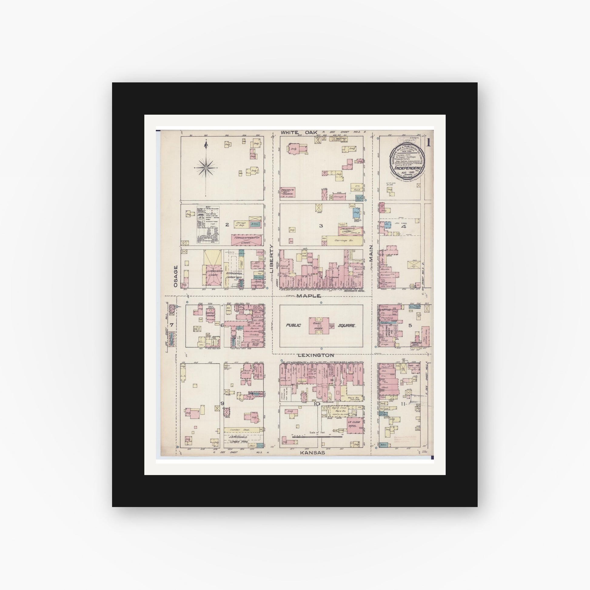 Old map wall art mockup — black gallery frame with white mat — Sanborn Fire Insurance Map from Independence, Jackson County, Missouri (1885) - Complete Map Set