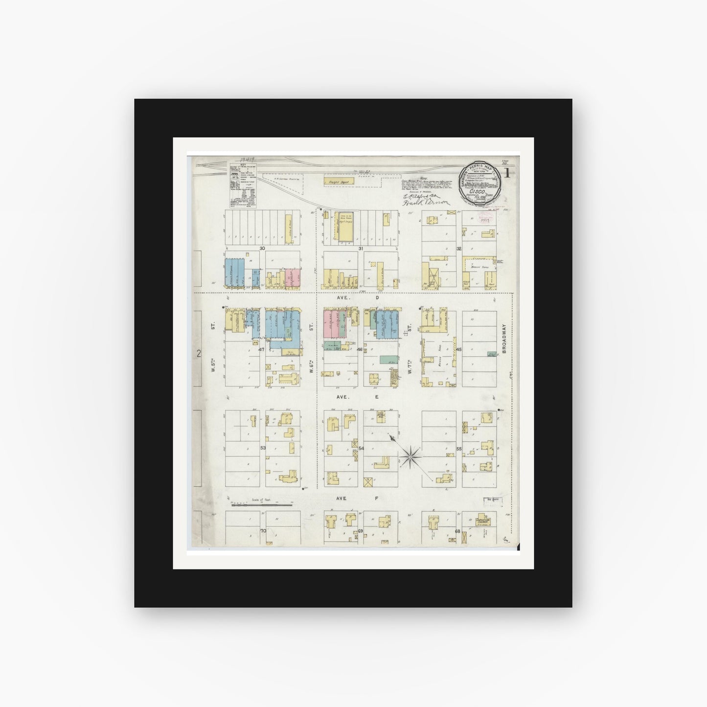 Old map wall art mockup — black gallery frame with white mat — Sanborn Fire Insurance Map from Cisco, Eastland County, Texas (1896), Sheet #0001