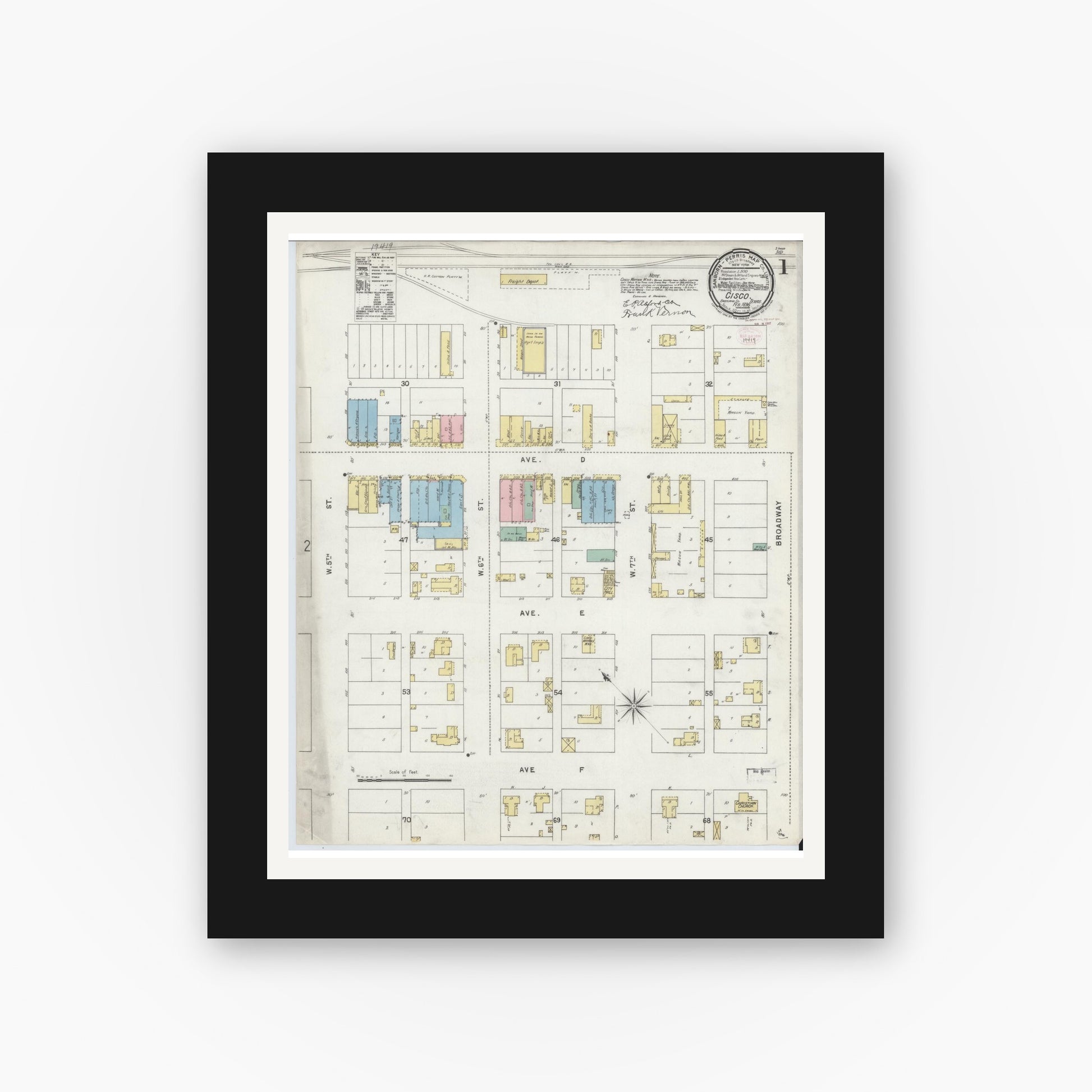 Old map wall art mockup — black gallery frame with white mat — Sanborn Fire Insurance Map from Cisco, Eastland County, Texas (1896), Sheet #0001