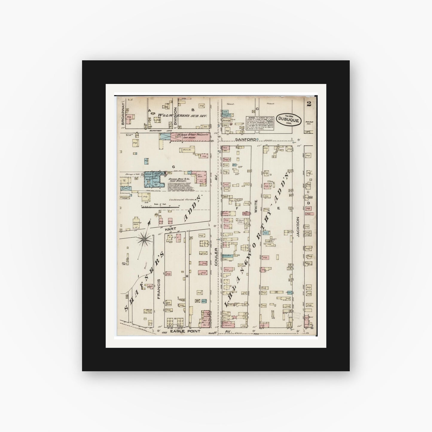 Old map wall art mockup — black gallery frame with white mat — Sanborn Fire Insurance Map from Dubuque, Dubuque County, Iowa (1884) â€” Complete Set