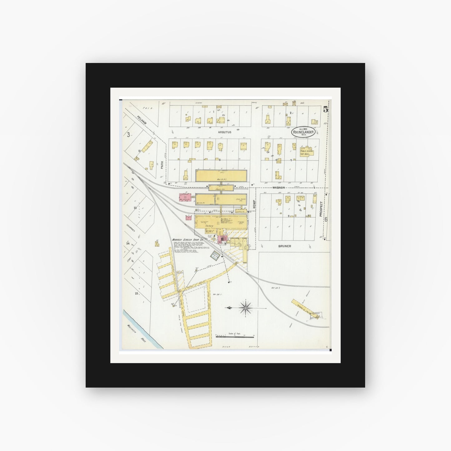 Old map wall art mockup — black gallery frame with white mat — Sanborn Fire Insurance Map from Rhinelander, Oneida County, Wisconsin (1900), Sheet #0005