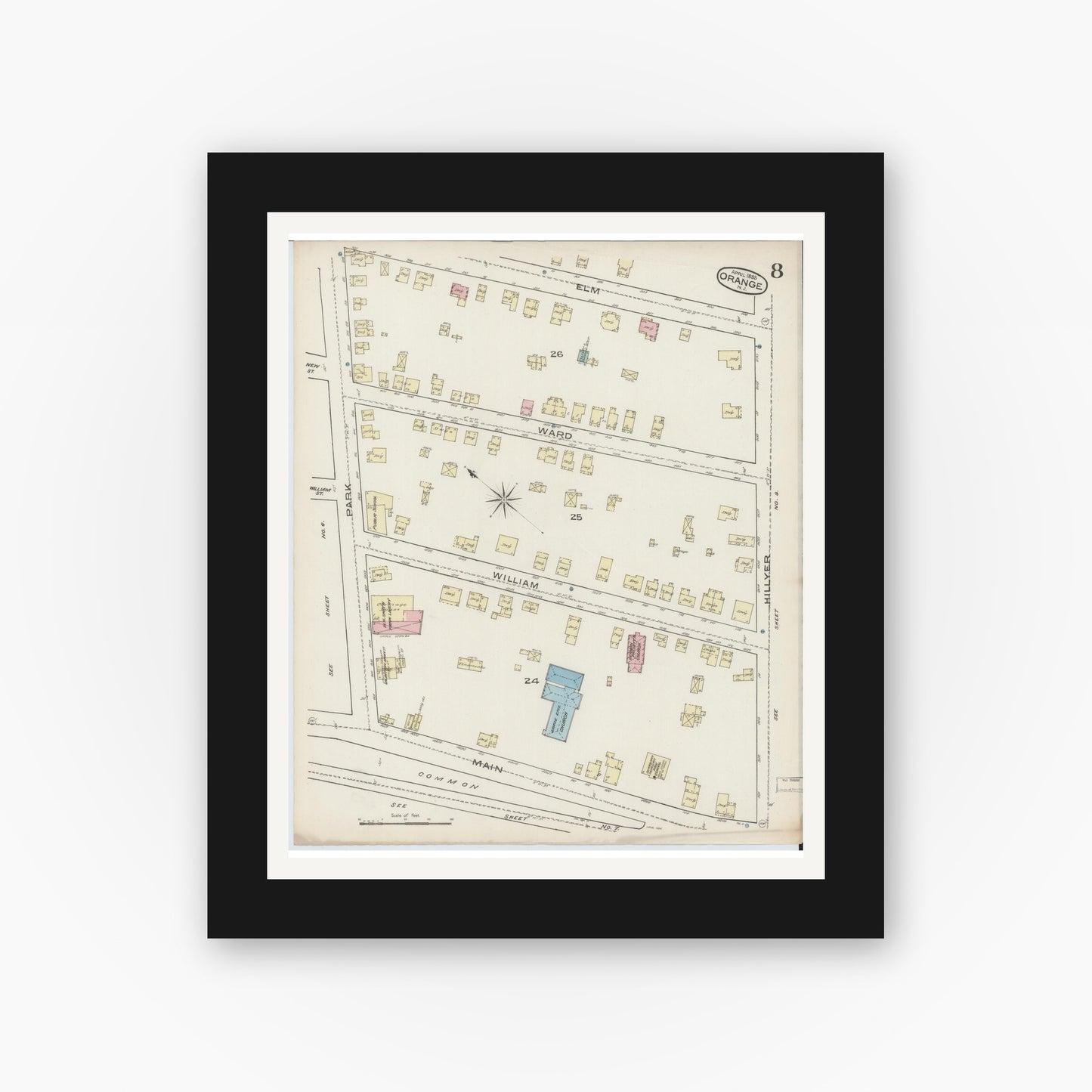 Old map wall art mockup — black gallery frame with white mat — Sanborn Fire Insurance Map from Orange, Essex County, New Jersey (1885), Sheet #0008