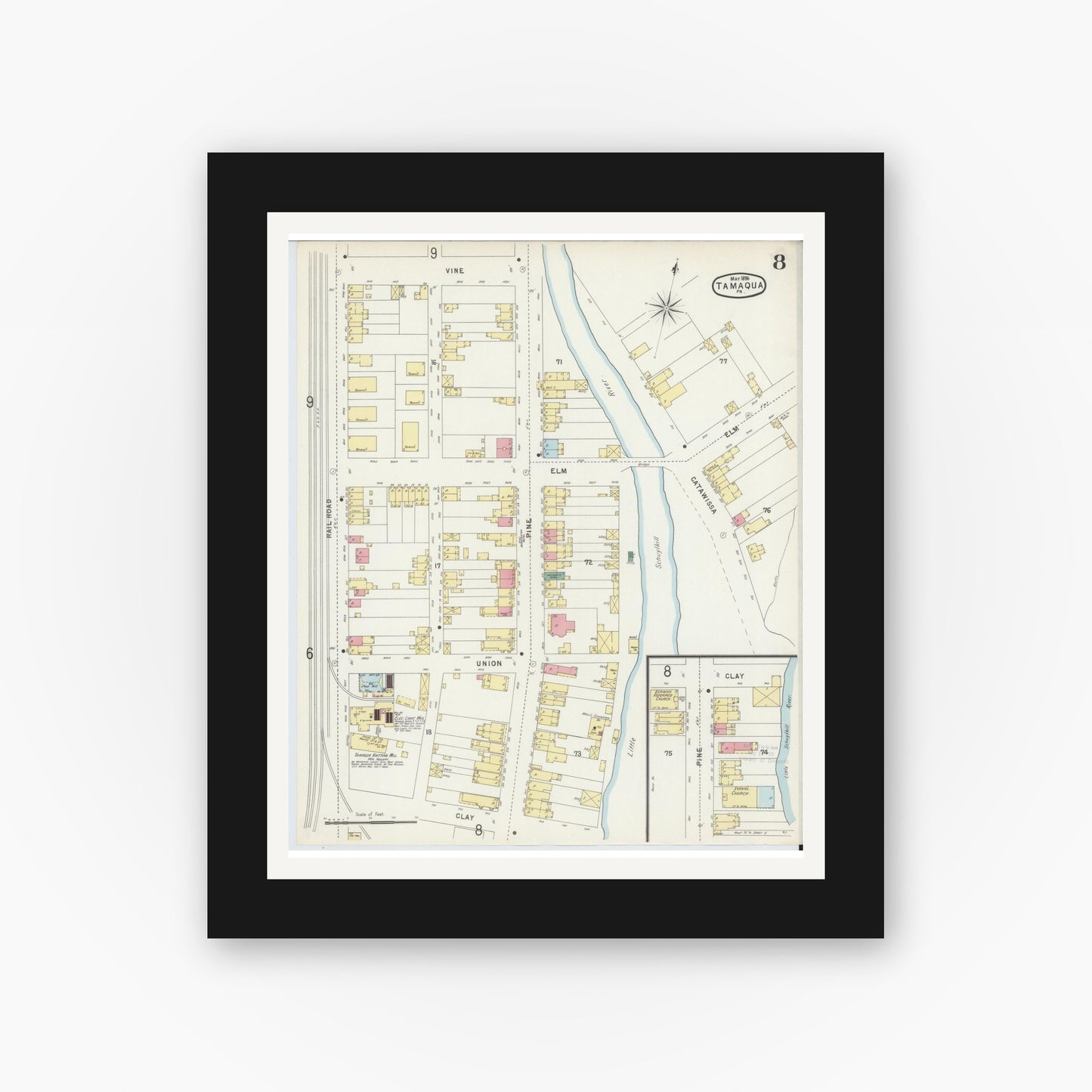 Old map wall art mockup — black gallery frame with white mat — Sanborn Fire Insurance Map from Tamaqua, Schuylkill County, Pennsylvania (1896), Sheet #0008