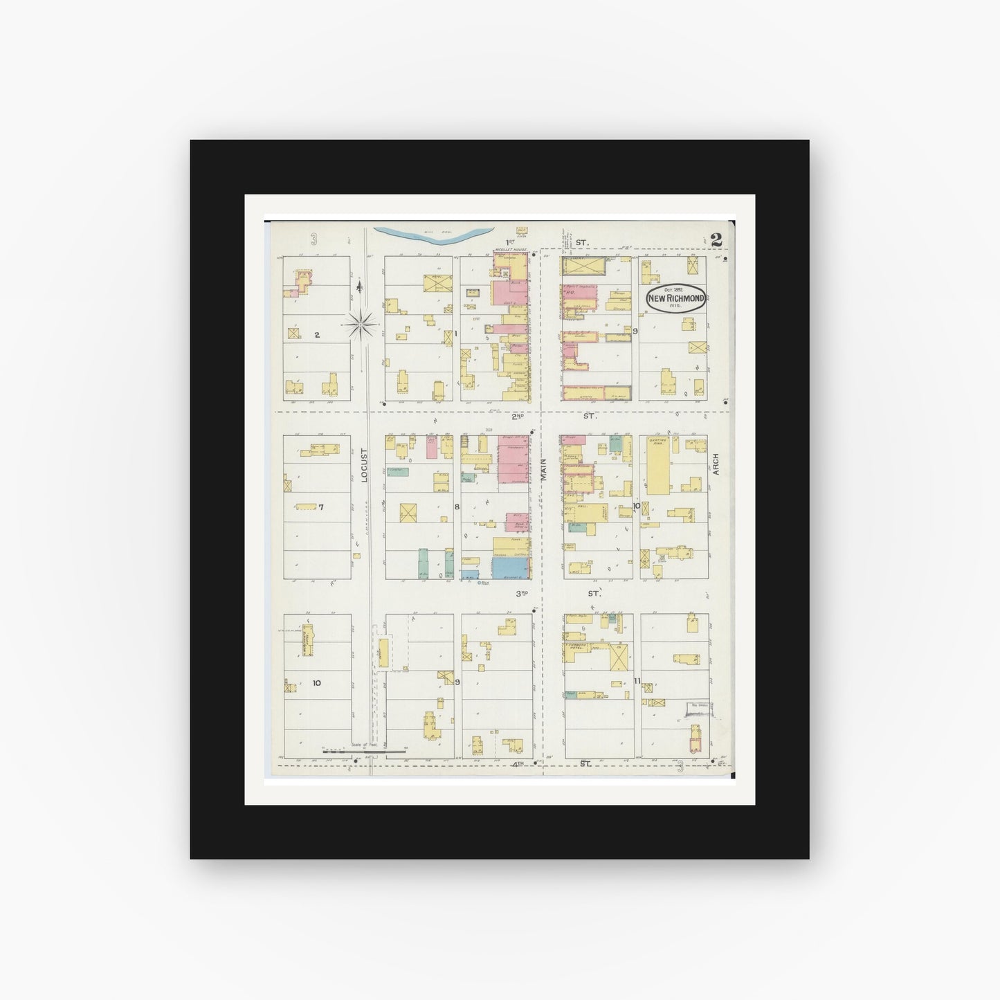 Old map wall art mockup — black gallery frame with white mat — Sanborn Fire Insurance Map from New Richmond, St. Croix County, Wisconsin (1892), Sheet #0002