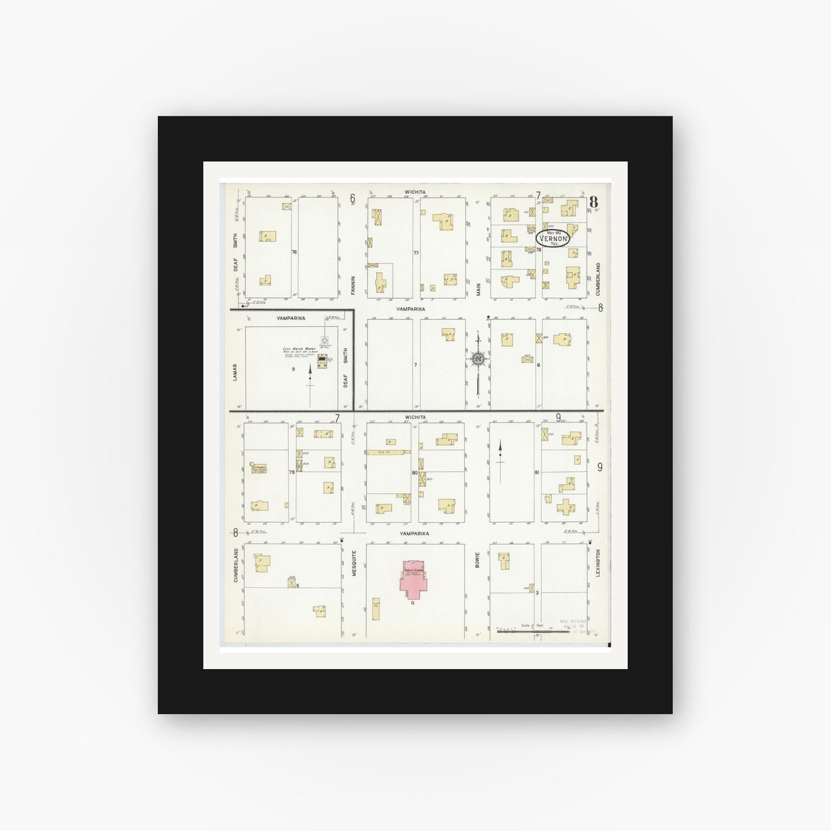 Old map wall art mockup — black gallery frame with white mat — Sanborn Fire Insurance Map from Vernon, Wilbarger County, Texas (1912), Sheet #0008